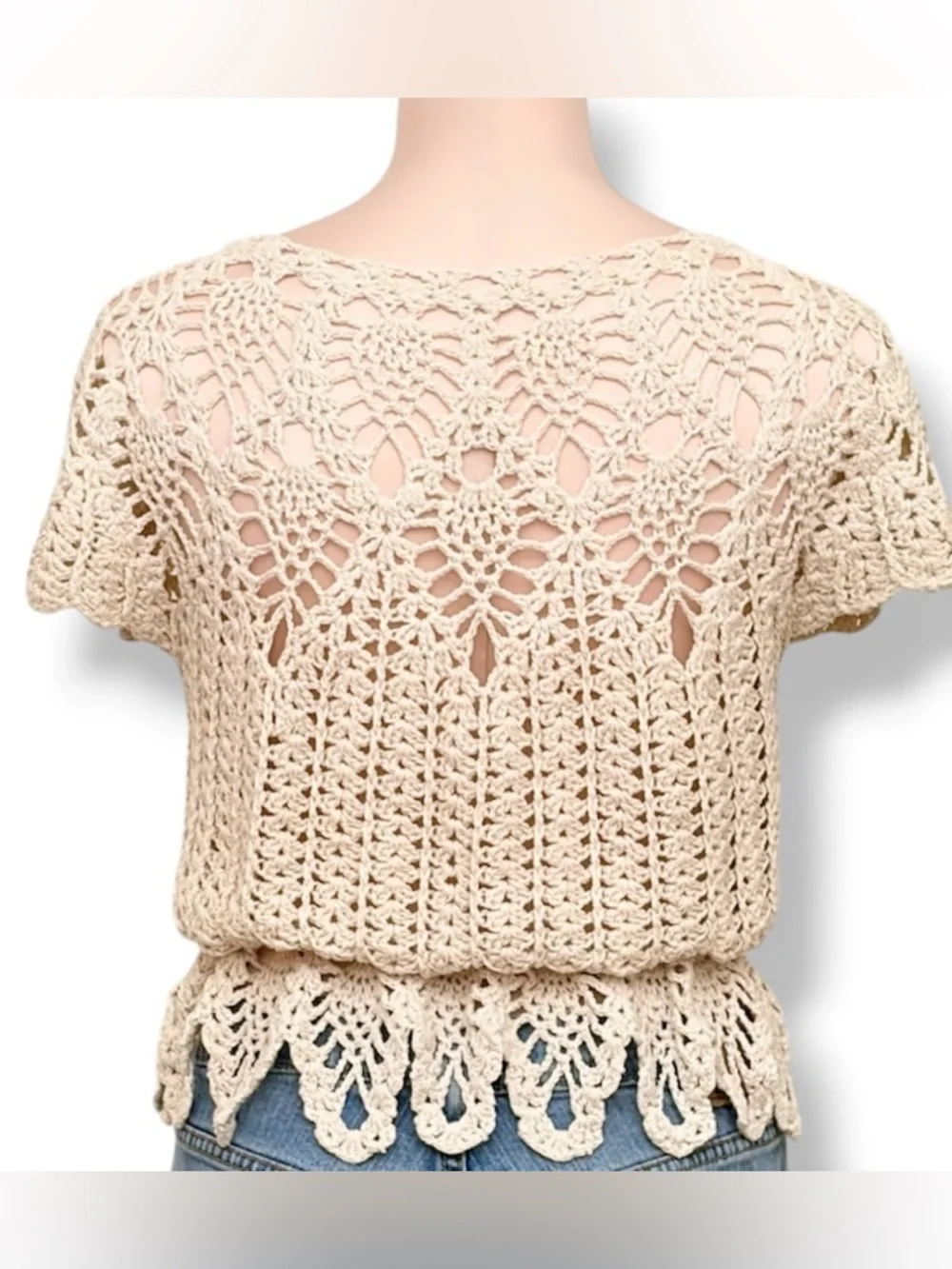 Free People Vintage 60s Crochet Tie Waist Top Ivory OS